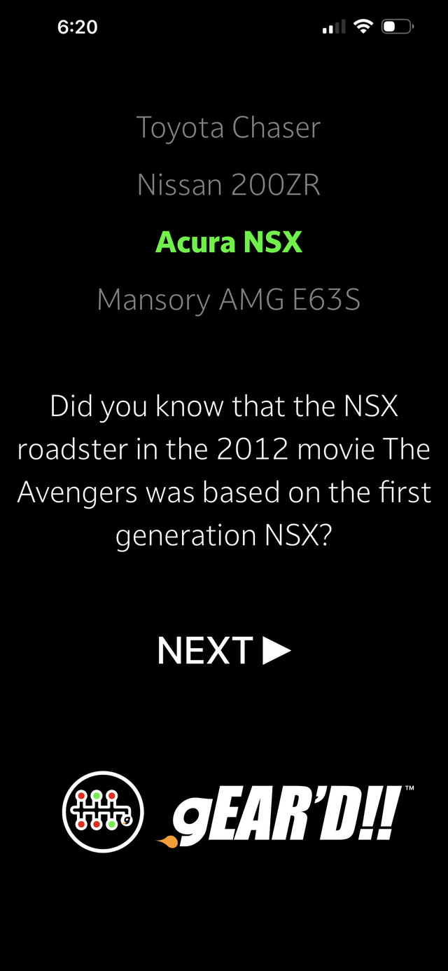 gEAR'D!! answer screen: the correct car highlighted, with a fun fact about it.