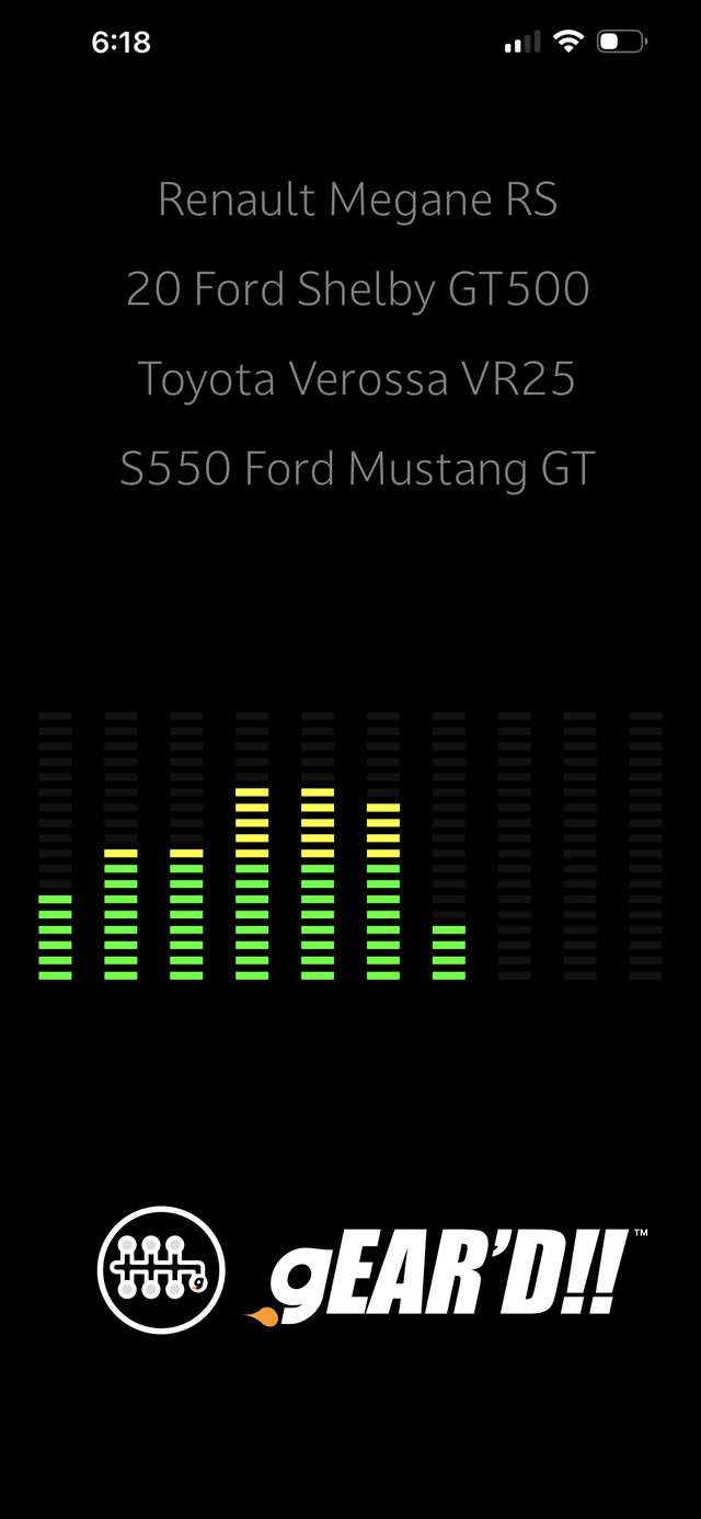 gEAR'D!! gameplay: four car choices above an animated equalizer while an engine sound plays.